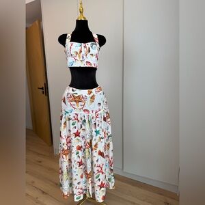 White Skirt Set with Seashell and Coral Print